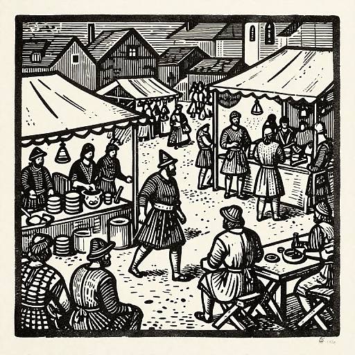 Medieval Marketplace Woodblock Print