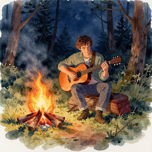 Digital painting of a young man with curly brown hair, playing an acoustic guitar by a campfire in a dark forest.