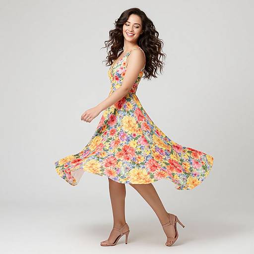 Photograph of a smiling woman with long curly black hair, wearing a colorful floral summer dress and pink high heels, dancing against a white background.