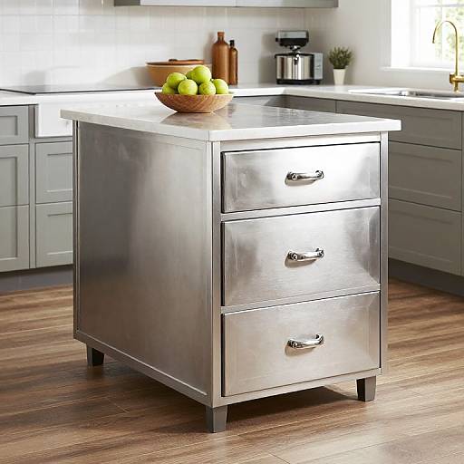 Photograph of a modern stainless steel kitchen island with two drawers, topped with a white countertop and a bowl of green apples, set in a bright