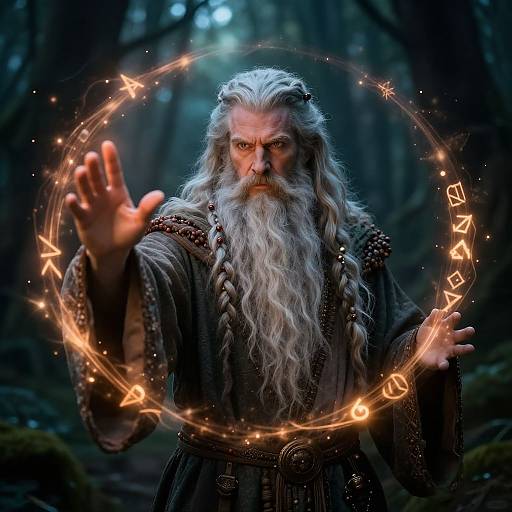 Photograph of an elderly wizard with long white beard, wearing dark robes, casting a magical circle of glowing runes in a dark forest.