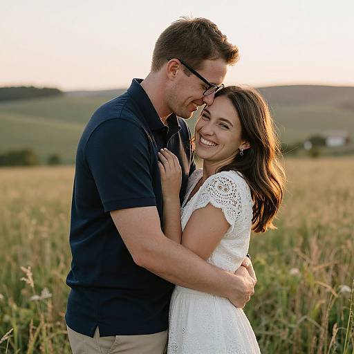 Photograph of a smiling couple embracing in a sunlit field; man in navy polo, woman in white lace dress, hills in background.