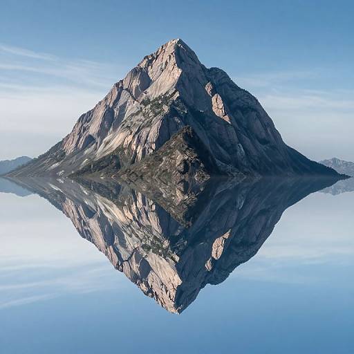 Photograph of a sharp, rocky mountain peak perfectly reflected in a calm, blue lake under a clear sky, creating a symmetrical image.