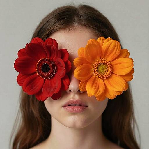 Photograph of a fair-skinned woman with long brown hair, wearing red and orange flower-shaped sunglasses, against a plain light gray background.