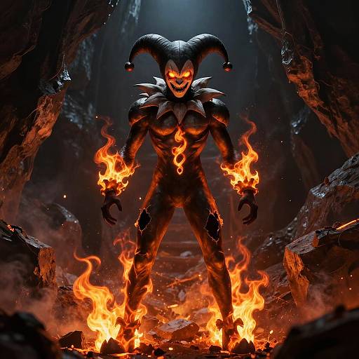 Digital artwork of a demonic jester with glowing orange eyes, black horns, spiked shoulders, and fiery hands and feet, standing in a dark, rocky