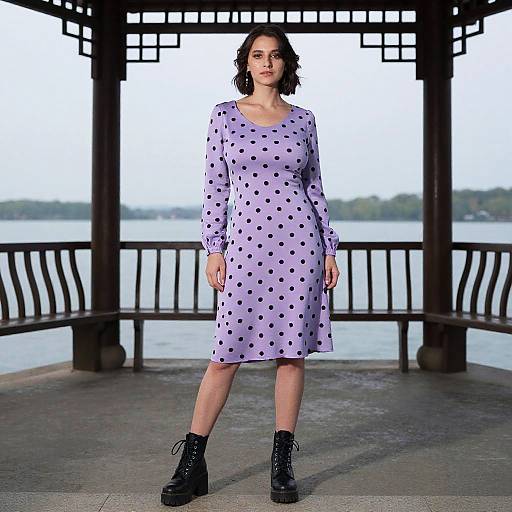 Photograph of a woman with dark hair in a purple, long-sleeve, polka-dot dress and black lace-up boots, standing confidently on