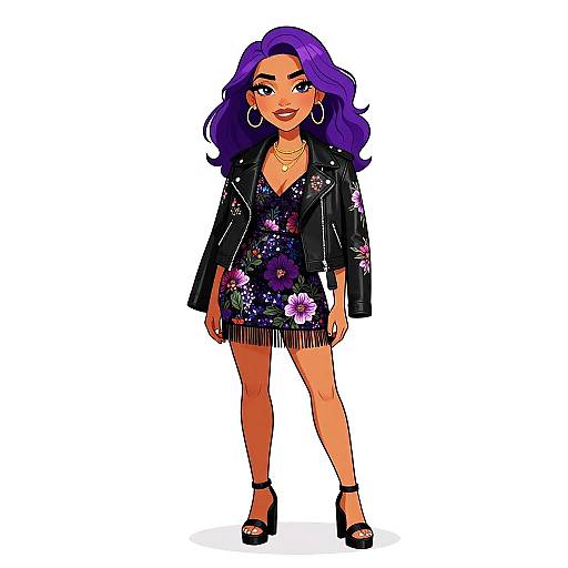 Digital illustration of a confident woman with purple hair, wearing a floral dress, black fringe jacket, and high heels, standing against a white background.