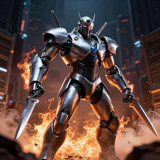 Digital art of a powerful, silver robotic warrior with glowing red eyes, standing amidst flames, holding dual swords in a dark, futuristic cityscape.