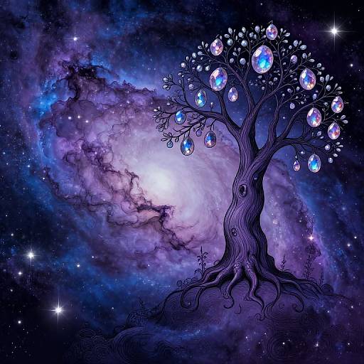 Digital artwork of a dark, gnarled tree with glowing, blue-purple crystal fruits against a cosmic, starry, nebula-filled background.