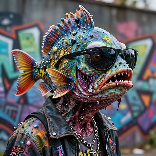 Photorealistic digital art of a colorful, fish-headed punk with black sunglasses, spiked leather jacket, and graffiti background. Vivid hues, sharp details