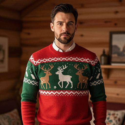 Photorealistic image of a bearded man with dark hair wearing a red and green Christmas sweater with reindeer pattern, standing in a wooden cabin.