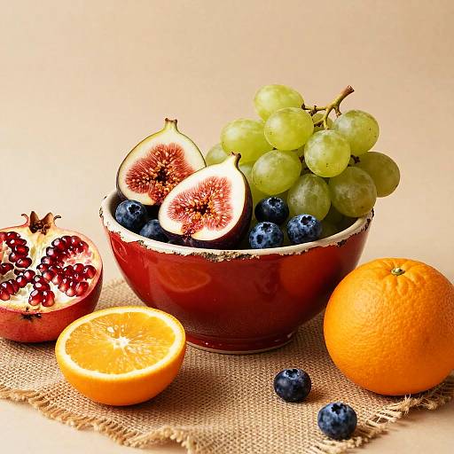 Stoneware bowl with fresh figs, grapes, blueberries, and citrus