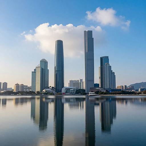 Photograph of a modern city skyline with three tall skyscrapers reflected in a calm, blue-hued water body under a bright sky.