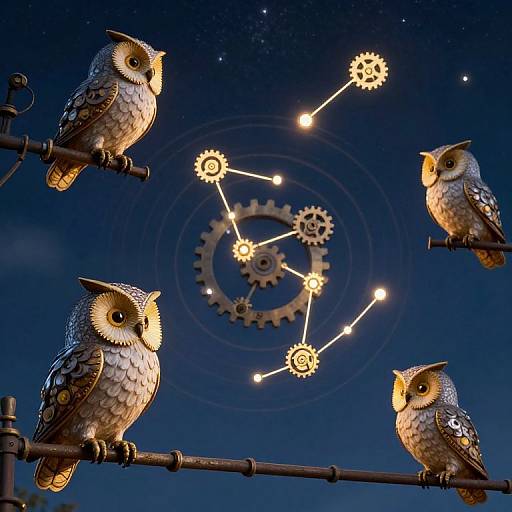 Photograph of four detailed, illuminated owl sculptures perched on metal rods against a deep blue night sky, with glowing gear and constellation-like lights in the