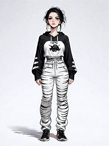 Sporty Young Woman in Black and White Outfit