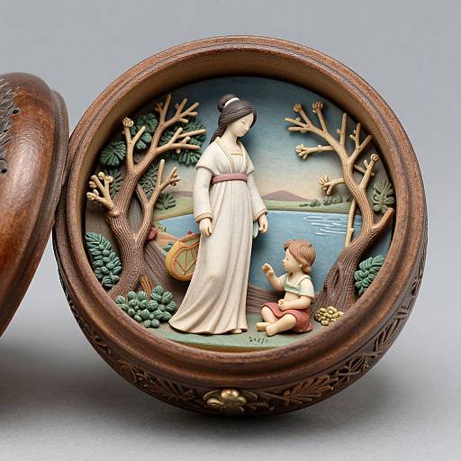 Photograph of intricately carved, round wooden box with scene of Asian woman in white dress and young boy by lake, surrounded by trees and flowers.