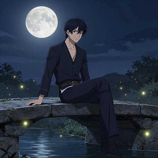 Anime-style drawing: Handsome man with black hair and black shirt sits on stone bridge at night, full moon in background, glowing fireflies around.