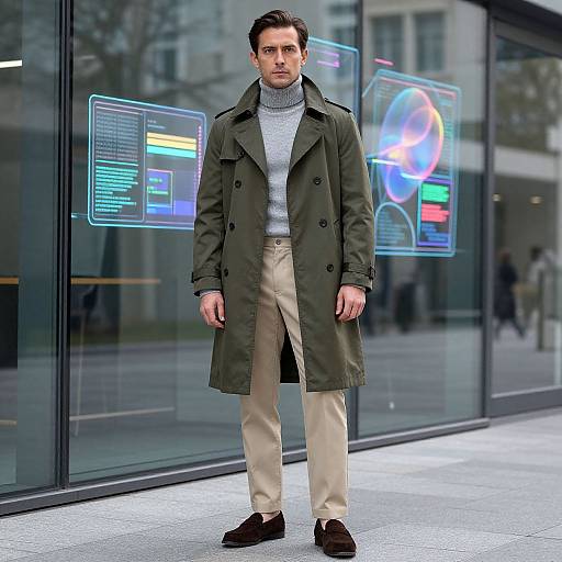 Photograph of a young man in a green trench coat, gray turtleneck, beige pants, and brown shoes, standing in front of a modern