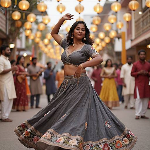 Photograph of a confident South Asian woman in a gray traditional lehenga, dancing in a street festival with glowing lanterns, surrounded by diverse, warmly