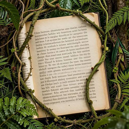 Photograph of an open book with Latin text, surrounded by green ferns and entwined vines, creating a natural, earthy backdrop.