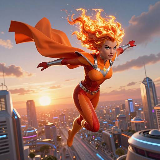 Digital art of a fiery-haired, red-cloaked, superhero woman in mid-leap above a sunset-lit, futuristic cityscape with skyscrap