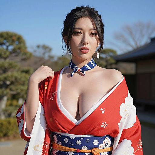 Photograph of an Asian woman with dark hair, wearing a red floral kimono with deep neckline, blue patterned obi, and white earrings,