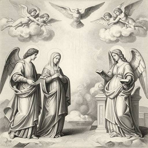 Black-and-white engraving of two angelic figures with draped robes, a central robed woman, and a winged figure holding a book, surrounded