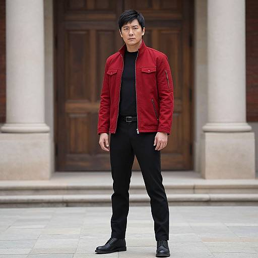 Photograph of an Asian man with short black hair, wearing a red jacket, black shirt, pants, and shoes, standing in front of a wooden