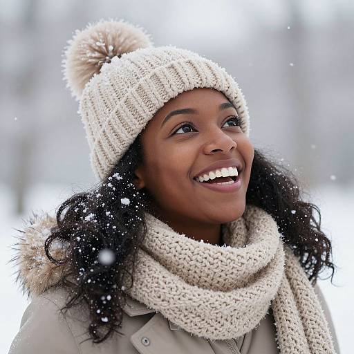 Photograph of a smiling Black woman with dark curly hair, wearing a white knitted hat, scarf, and beige coat, in a snowy landscape.