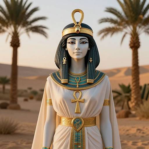 Digital artwork of an ancient Egyptian woman with blue skin, black bob haircut, gold headdress, white dress, and ornate jewelry, standing in a