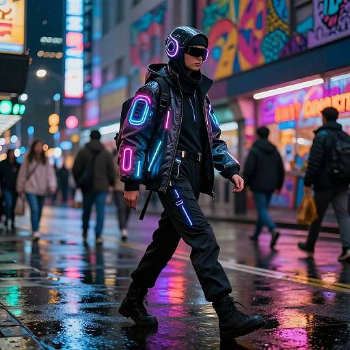 Neon-lit, cyberpunk-style photograph of a man in a black jacket with glowing neon patterns, black pants, and headphones, walking on a