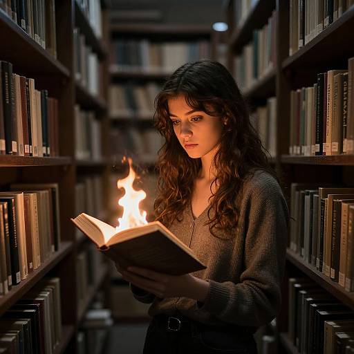 Photograph of a young woman with long, wavy brown hair, wearing a gray sweater, reading a book illuminated by a small flame in a dim