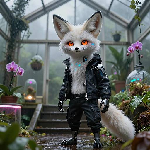 Neo-Cyberpunk Fennec in Rainy Greenhouse