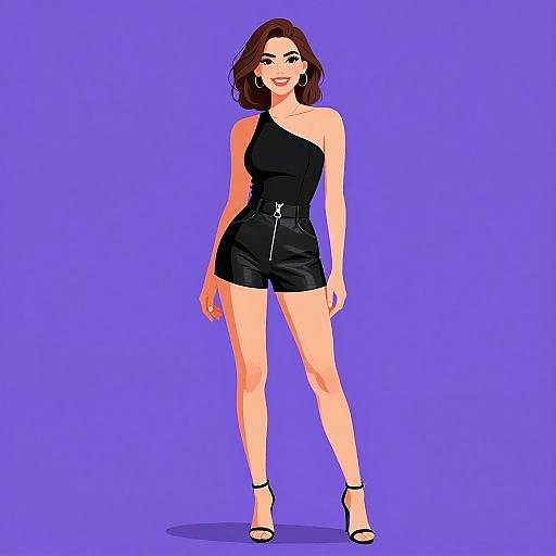 Digital illustration of a smiling woman with shoulder-length brown hair, wearing a black one-shoulder romper, high-waisted shorts, and black