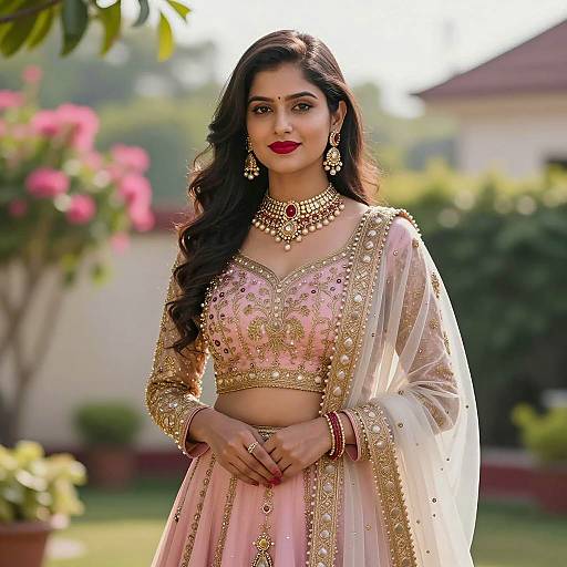 Indian Woman in Pink and Gold Traditional Lehenga
