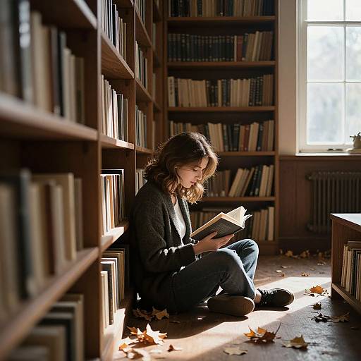 Photograph of a curly-haired woman in a gray sweater and blue jeans, sitting on the sunlit floor of a library, reading a book amidst scattered