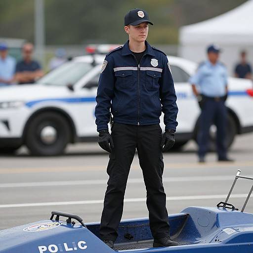 Photograph of a serious male police officer in navy uniform, black cap, standing on blue police car hood, blurred police vehicles and officers in background.