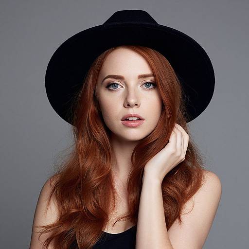 Photograph of a fair-skinned, red-haired woman with blue eyes, wearing a black hat and sleeveless black top, against a gray background.