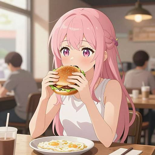 Anime Girl Enjoying Cozy Cafe Burger