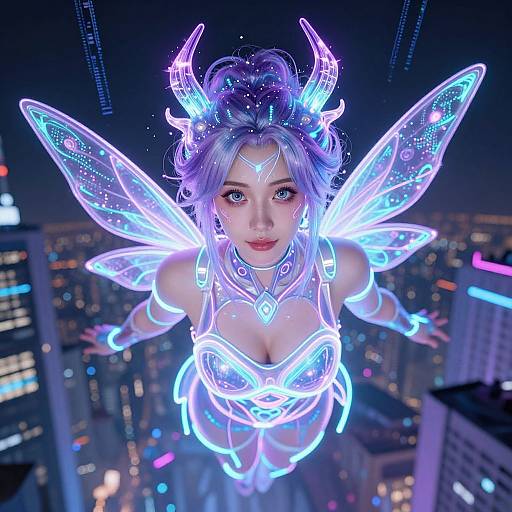 CGI fantasy image of a glowing, neon fairy with blue-purple hair, luminous horns, and translucent wings, soaring over a nighttime cityscape.