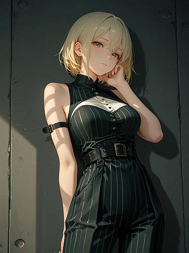 Anime Woman in Pinstripe Jumpsuit
