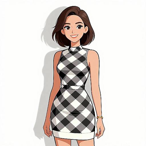 Smiling Woman in Geometric Mini Dress
