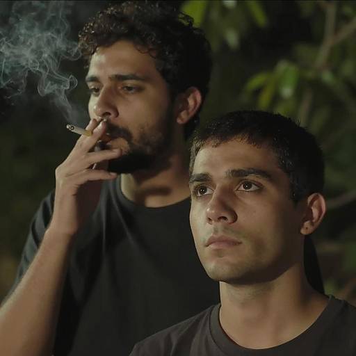 Two men at night with cigarette smoke
