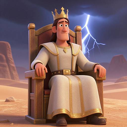 CGI animation of a smiling king with a crown, white robe, and golden trim, seated on a wooden throne in a desert with lightning in the
