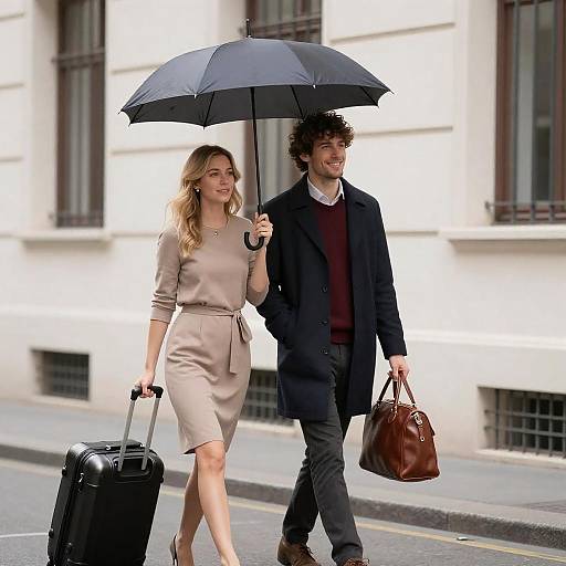 Couple Walking on City Street with Umbrella and Luggage