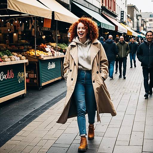 Woman Laughing Walking in Urban Market
