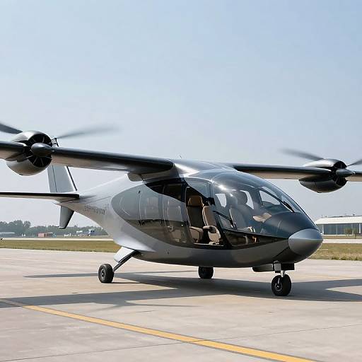 Photograph of a sleek, gray military helicopter with spinning blades, parked on a sunlit airport runway, against a clear blue sky.