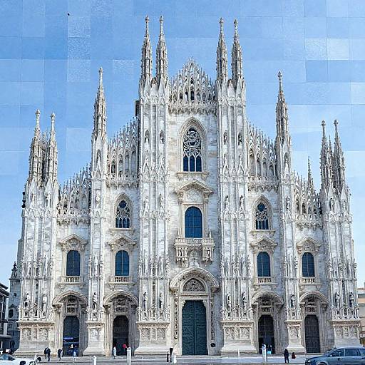 Photograph of an ornate, Gothic-style cathedral with intricate spires, arches, and detailed carvings, set against a clear blue sky