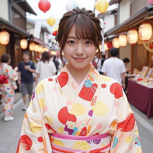 Photograph of a smiling Japanese woman in a colorful, floral kimono with red and yellow patterns, standing in a lively, lantern-lit street market