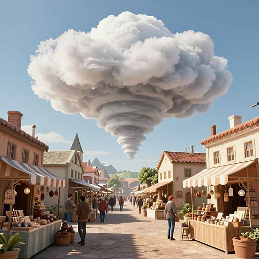 Photorealistic digital artwork of a quaint European street market with colorful buildings, vendors, and customers under a massive, swirling gray cloud.